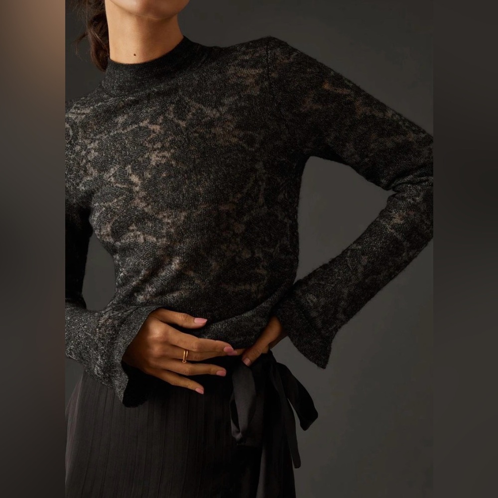 Anthropologie Hanna Lace Merino Wool Mock Neck Bell Cuff Sweater Women's Size S